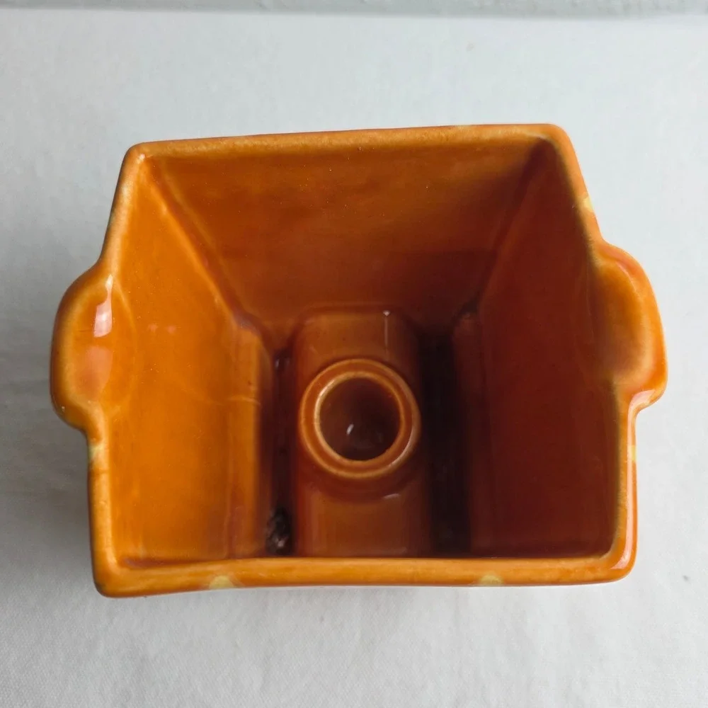 Vintage MCM Hull Persimmon Orange Drip Glaze Square Ceramic Candle Holder 67 USA